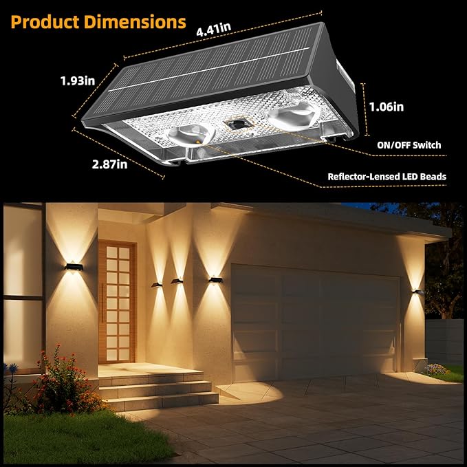 NIORSUN Solar Fence Lights Outdoor, 12 Pack Up and Down Waterproof Solar Wall Lights, Warm & Cool White + RGB, Fence Lights with Lens, Dusk to Dawn Lighting for Patio, Backyard, Pool, Railing (Black)