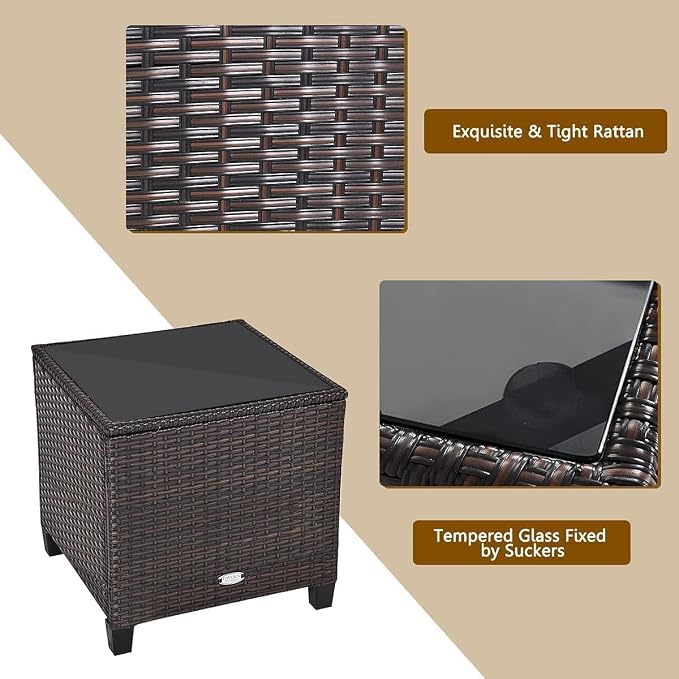 HOMGX 3 Pieces PE Rattan Wicker Patio Sofa Chairs, Outdoor Furniture Conversation Sets with Washable Cushion & Glass Table, Rattan Sofa Set for Balcony, Porch, Yard, Backyard, Lawn, (Mix Brown)