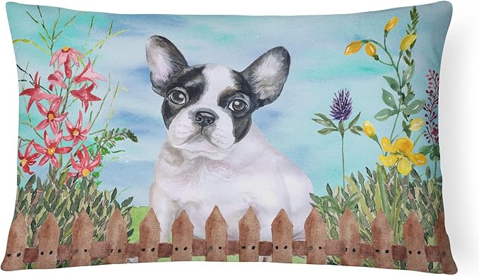 Caroline's Treasures CK1272PW1216 French Bulldog Black White Spring Canvas Fabric Decorative Pillow Machine Washable, Indoor Outdoor Decorative Pillow for Couch, Bed or Patio, 12HX16W