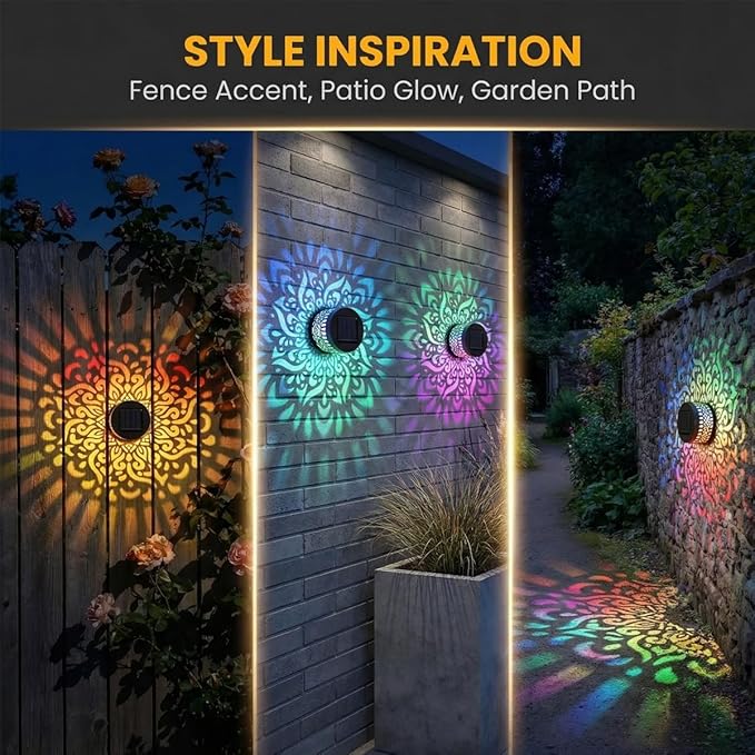 Lscsdf Seven-Color Changing Solar Mandala Projection Wall Light Decorative Solar Mandala Lights Outdoor Waterproof Metal Fence Lights for Yard Garden Post Patio Backyard Decor (4pcs)
