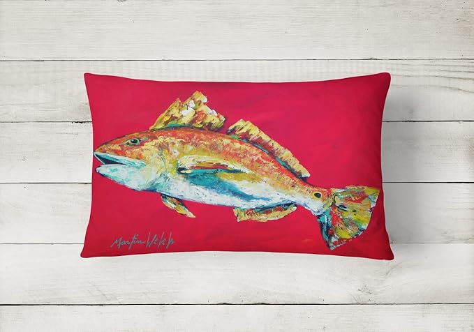 Caroline's Treasures MW1103PW1216 Fish - Red Fish Woo Hoo Canvas Fabric Decorative Pillow Machine Washable, Indoor Outdoor Decorative Pillow for Couch, Bed or Patio, 12HX16W