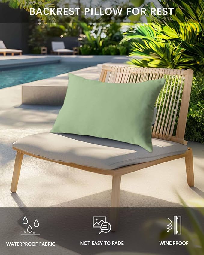 Outdoor Pillow for Lounge Chair with Strap & Insert Sage Green Recliner Head Pillow Solid Green Color Waterproof Headrest Patio Lumbar Pillows for Beach Pool Office Chaise Chair 12x20 Inch