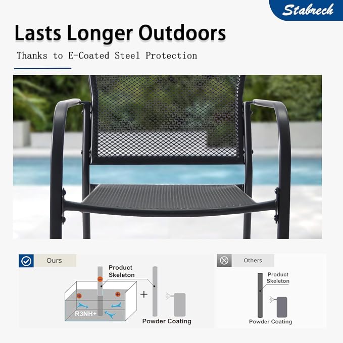 7 Pieces Outdoor Dining Set for 6, Black Metal Mesh Outdoor Dining Table and 6 Black Metal Mesh Stackable Patio Chairs with Armrest, Patio Table and Chairs Set for Lawn Garden Backyard
