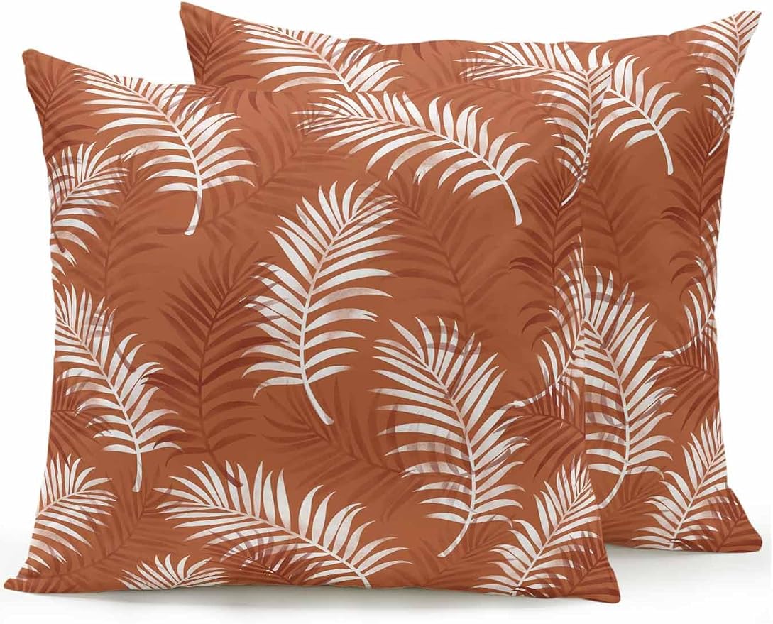 Waterproof Outdoor Pillow Set of 2 Orange Tropical Palm Leaves Decorative Throw Pillows Cover & Insert 16x16 Inch Pillowcase Summer Jungle Foliage Pillows for Couch Sofa Bed Patio Furniture