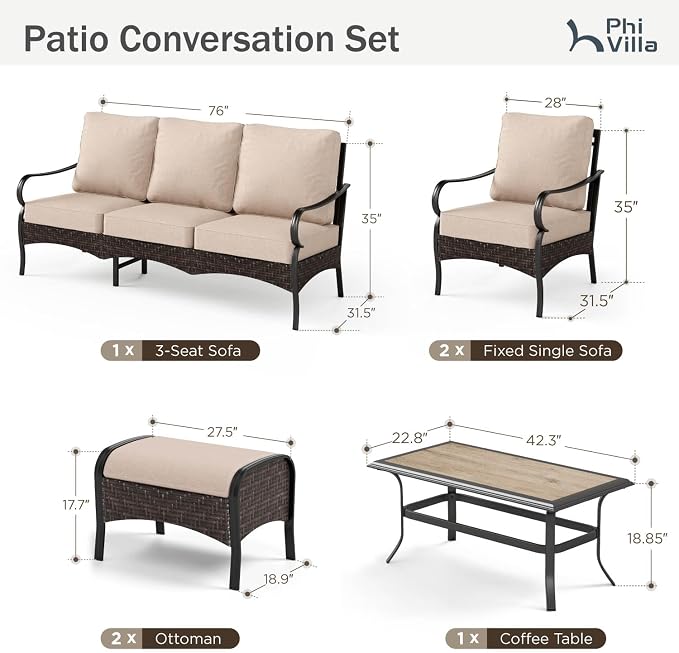 PHI VILLA Outdoor Modern Patio Furniture Set, Upgraded Wicker & Metal Patio Conversation Set with Waterproof Thick Cushions for Porch, Poolside, Yard(6 Pieces,Beige)