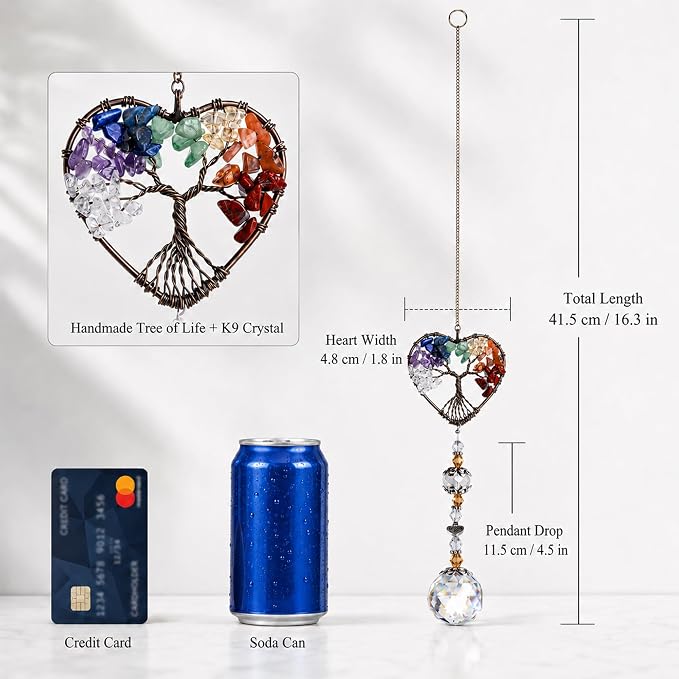 Tree of Life Heart Crystal Ball Prism Suncatcher Pendant Decor | Tree of Life Heart Shaped Crystal Ball Prism Pendant Suncatcher Window Hanging Ornament for Home Garden Office Wedding Decor