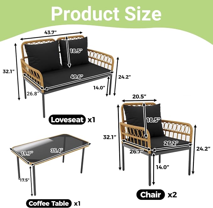 GarveeLife 4 Pieces Patio Furniture Sets Wicker Outdoor Patio Table and Chairs Set with Glass Side Table, Loveseat Chairs, Boho Rattan 4 Seater Conversation Sets for Backyard, Porch, Bistro, Black