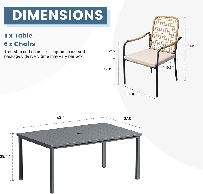 DIFY 7 Pieces Outdoor Dining Set, Metal Patio Table and Chairs Set for 6, 63" Rectangle Dining Table with Umbrella Hole & Wicker Stackable Patio Chairs with Cushions, Grey Tabletop