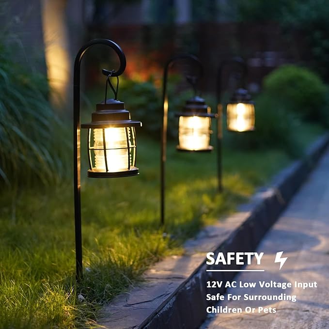 GOODSMANN Low Voltage Pathway Lights 1.1W 12V AC Outdoor Lantern Shaped Path Lights 6PK Metal Landscape Lighting Kit 32 Lumen 2900K Warm White Hardwired Walkway Lights with Connectors and Stakes