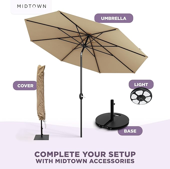Midtown Umbrellas - The Lean 9 Ft Patio Umbrella with Fade-Resistant Sunbrella Fabric, Auto-Tilt Aluminum Frame and 8 Reinforced Ribs for Deck, Pool & Garden - Heather Tan Canopy, Black Pole