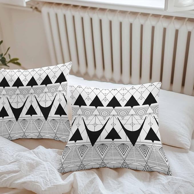 Throw Pillow Covers 20x20 Inch Set of 2, Black White Geometric Waterproof Outdoor Pillow Covers, Vintage Art Striped Decorative Cushion Pillowcases for Couch, Sofa, Bed, Garden, Patio