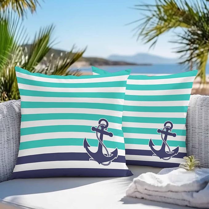 Throw Pillow Covers 20x20 Inch Set of 2, Anchor Turquoise Waterproof Outdoor Cushion Covers, Modern Navy Blue White Striped Nautical Decorative Pillowcases for Couch, Sofa, Bed, Garden, Patio