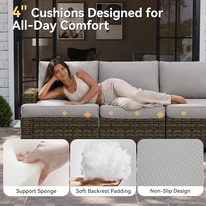 LET'S PATIO Luxury Patio Furniture Set with Fire Pit Table, 15 Piece Outdoor Furniture Set with Swivel Rocker Chairs & Ottomans, All-Weather Patio Sectional Sofas with Thickened Cushions, Grey
