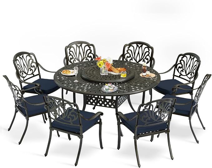 9-Piece Patio Furniture Dining Set, All Weather Cast Aluminum Outdoor Conversation Set- 61" Round Patio Dining Table with Detachable Lazy Susan & 8 Cushioned Chairs, Umbrella Hole, Navy Blue