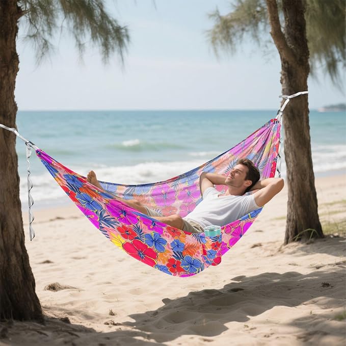 Camping Hammock Outdoor Hammocks for Outside Purple Flower Hibiscus Beach Trees Portable Lightweight with Pockets Tree Straps Indoor