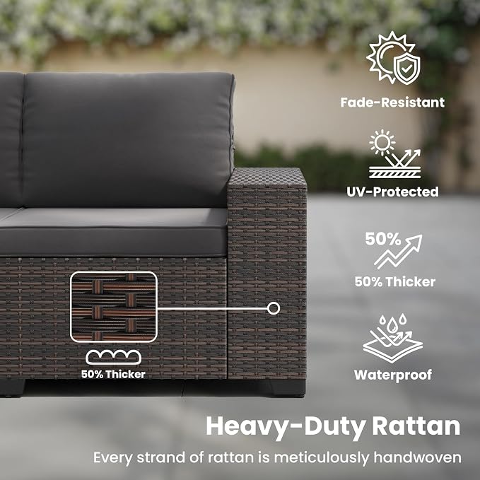 Soohow 6-Piece Patio Furniture Set All-Weather Outdoor Wicker Sectional Conversation Set with Cushion and Glass Table for Garden, Porch, Backyard, Grey Cushions