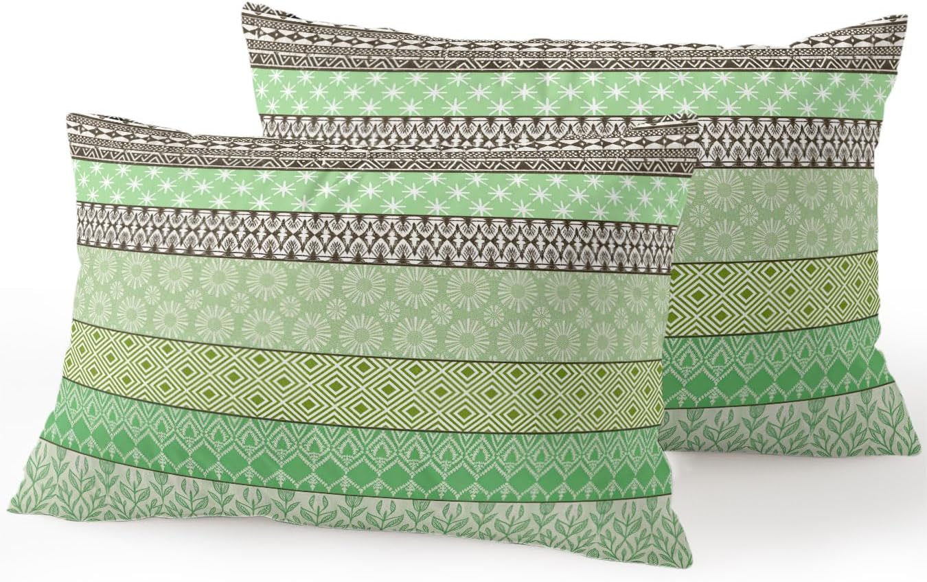 Waterproof Outdoor Pillow Set of 2 Green Bohemian Decorative Throw Pillows Cover & Insert 20x12 Inch Lumbar Pillowcase Boho Style Floral Leaves Geometric Pillows for Couch Sofa Bed Patio Furniture