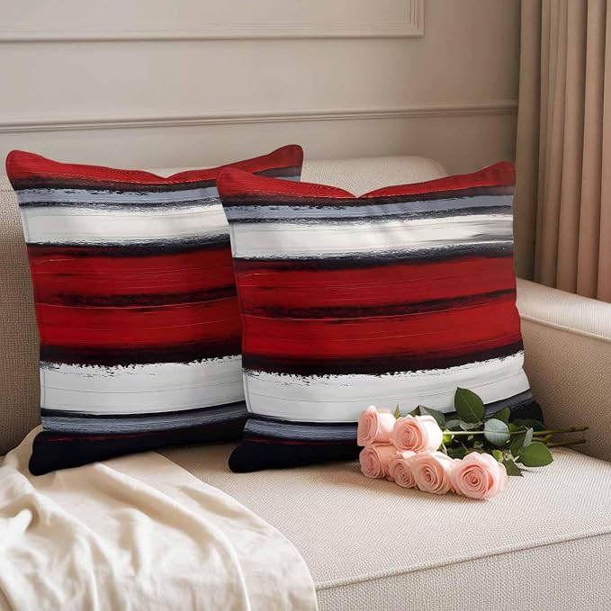Red and Black Strip Outdoor Pillow Covers 26"x26" Set of 2, Classic Modern Art Waterproof Throw Pillow Covers for Patio Furniture, Decorative Cushion Covers for Porch