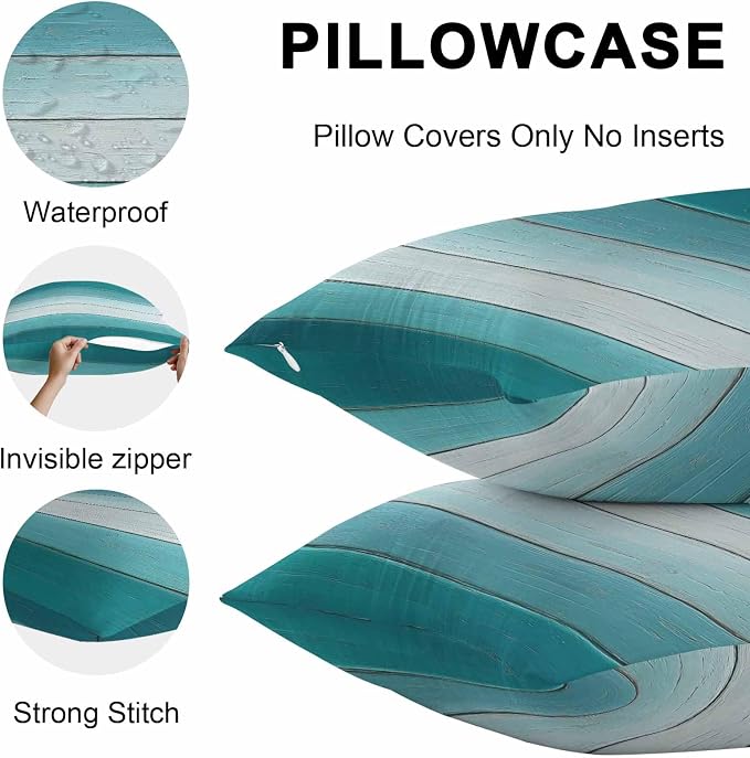 Teal Turquoise Outdoor Pillow Covers 20x20 Inch Throw Pillow Covers Set of 2 Waterproof Decorative Pillow Cases Farmhouse Abstract Gradient Wooden Plank Cushion Covers for Patio Furniture Garden Couch