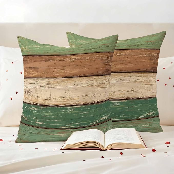 Farmhouse Dark Sage Green Brown Outdoor Waterproof Pillow Covers, Vintage Wooden Striped Decorative Square Throw Pillowcase Sofa Cushion Sham for Patio/Couch/Chair, 20"x20" 2 Pack