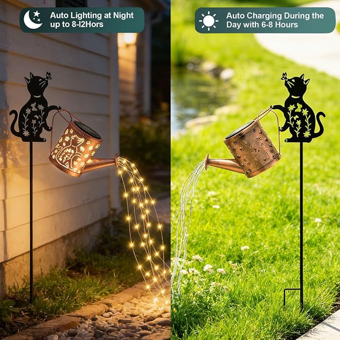 2 Pcs Solar Watering Can with Light, Outdoor Solar Cat Garden Decorative,Featuring Metal Cat Silhouette Stake, Gift for Women, Outdoor Waterproof,for Landscape,Lawn, Garden Path Decor