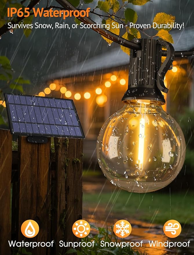 50FT(2x25FT) Solar String Lights with Remote, 20+2 G40 Bulbs, Black | Solar Powered, Dusk to Dawn, Dimmable, Timer, Memory Function, LED Globe Hanging Lights for Backyard Fence Bistro Decor