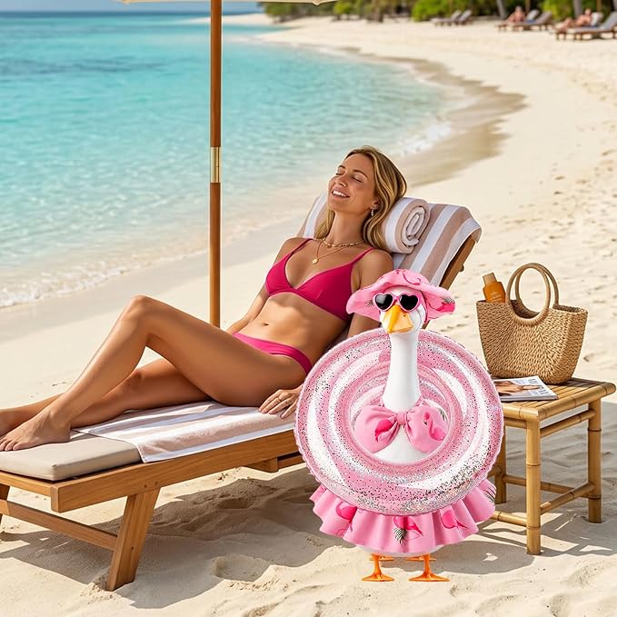 Summer Porch Goose Outfits Bikini - Hawaiian Porch Goose Clothes with Sunglasses and Swimming Ring for 23" Cement Goose Statue, Pink Flamingos Lawn Geese Costume Garden Yard Decor