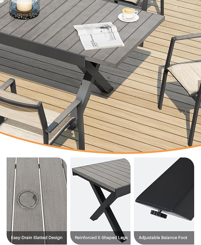 9 Pieces Expandable Outdoor Dining Set, 8 Stackable Double-Layer Textilene Chairs and 63''-83'' Expandable Patio Dining Table, Never-Rust Aluminum Patio Dining Set for Garden, Deck, Limed Oak