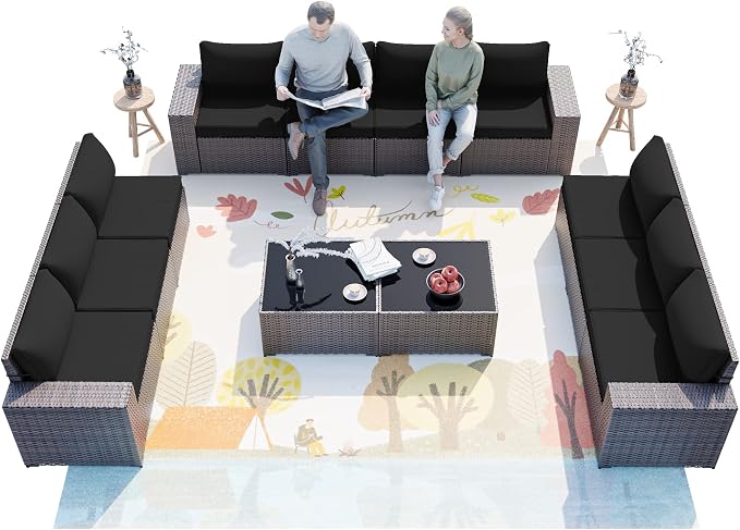 ALAULM 12 Pieces Patio Furniture Set Outdoor Sectional Sofa Brown PE Rattan Patio Conversation Set w/10 Seat Cushions and 2 Coffee Tables-Elegant Black