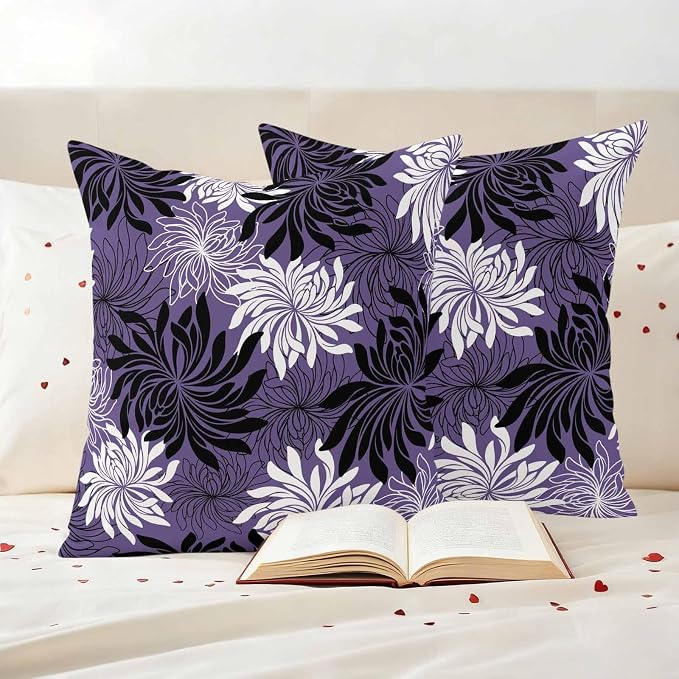 Yukro Purple Black Floral Outdoor Waterproof Pillow Covers Pack of 2, Vintage White Black Flower Purple Decorative Throw Pillowcases Cushion Covers for Garden Patio Tent Sofa Couch, 26x26 inch