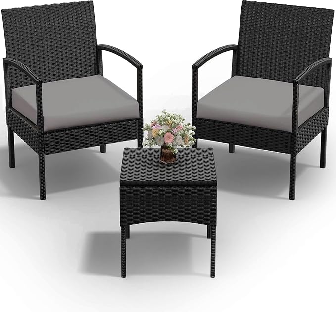 PROHIKER 3 PCS Patio Rattan Conversation Bistro Chairs Set, Outdoor Patio Furniture Wicker Bistro Set with Coffee Table for Garden Porch Balcony Yard Lawn, Gray