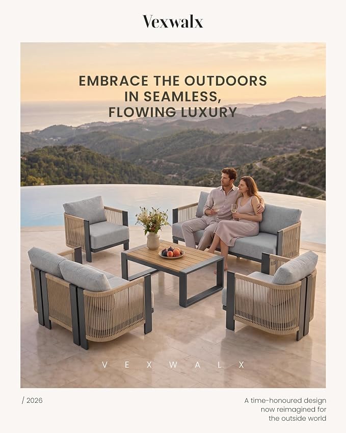 Vexwalx Luxury Patio Furniture Set, 5-Piece Curved Outdoor Furnitrue Set with Weather-Resistant Aluminum Frame and 7.1" Thicker Cushion, Woven Rope Patio Conversation Set for Deck, Garden