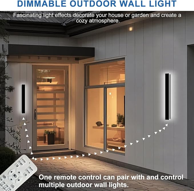 Modern Outdoor Wall Lights 2Pack 24Inch Dimmable Outdoor Wall Sconce | LED Outdoor Porch Lights Wall Mount Exterior Lighting Fixtures IP65 Waterproof Black Outside Wall Lights for House Garage