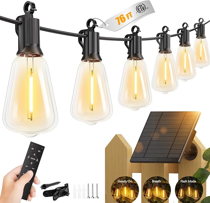 Brightown 76FT Solar String Lights Outdoor, 23+2 Shatterproof LED Lights | Waterproof, Remote Control, Dimmable, Timer, 3 Light Modes, Commercial Grade Patio Lights for Garden, Backyard, Party Decor