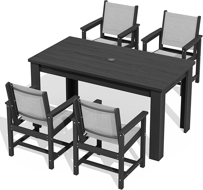 SERWALL Outdoor Dining Sets for 4 with 1 Umbrella Hole Cut-Out Rectangular Table and 4 Textilene Chairs, Patio Dining Table Sets for Garden, Backyard, Poolside, Black