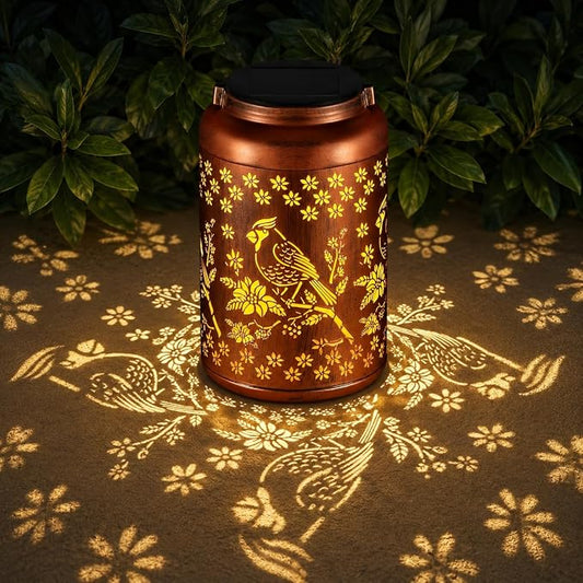 Solar Lanterns Outdoor Waterproof Garden Decor Gifts for Women Mom Grandma | Garden Lantern with Flower Shadow Projection, Decorative Solar Light for Patio Porch Yard Tree (Red Bird)