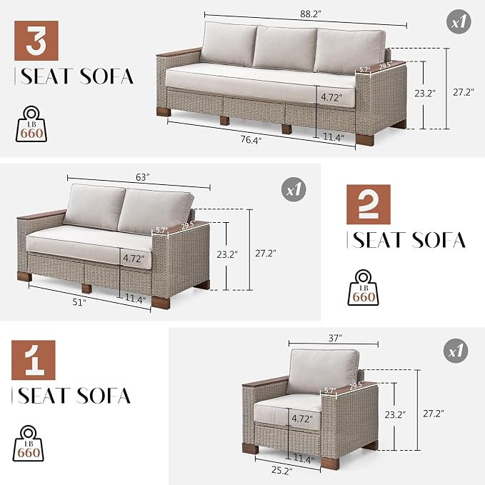 LUXOAK Patio Furniture Set, 6 Piece Wicker Patio Conversation Set with Wide Solid Wood Armrest, All Weather Outdoor Sectional Furniture with Wood Legs for Backyards, Porch, Poolside, Garden, Balcony