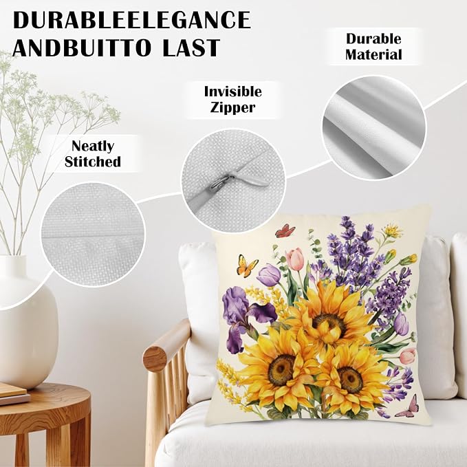 Sunflower Pillow Covers Spring Summer Throw Pillow Covers 18x18 Set of 2 Rustic Tulip Purple Lavender Flower Pillow Cases Butterfly Floral Cushion Case for Home Farmhouse