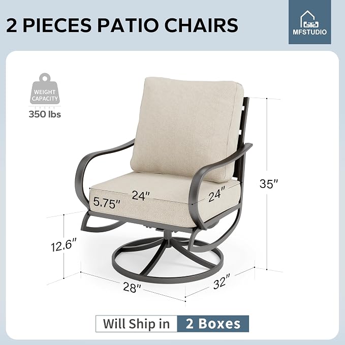 MFSTUDIO Metal Patio Conversation Sets, Outdoor Furniture Sofas Set of 2, 2 Pieces Durable Steel Frame Patio Swivel Chairs with 5.8" Beige Cushions for Patio Garden Backyard Balcony