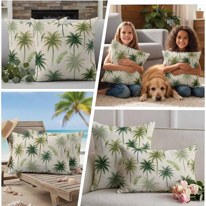 Yukro Summer Palm Tree Parrot Outdoor Waterproof Pillow Covers Pack of 2, Tropical Green Leaf Bird Retro Throw Pillowcases Decorative Cushion Covers for Garden Patio Tent Sofa Couch, 18x18 inch