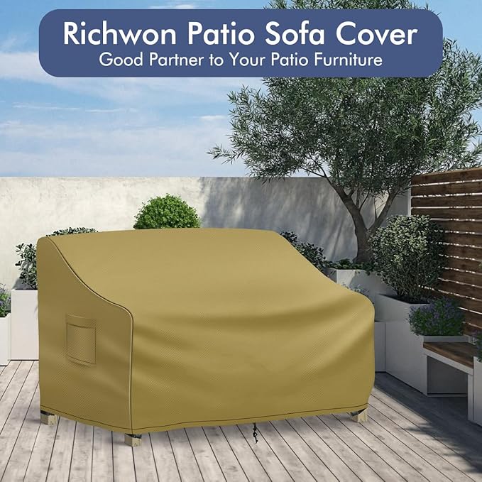 Richwon Patio Loveseat Cover Waterproof, 2-Seater Outdoor loveseat Cover, Patio Furniture Covers with Air Vent and Handles, 60W x 34D x 30H Inches, Khaki