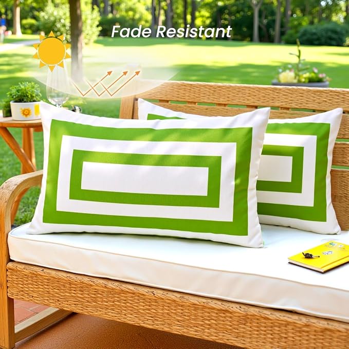 JOJOGOGO 12x20 Apple Green Frame Outdoor Lumbar Pillow Covers Waterproof & Sunproof Set of 2, White and Green Outdoor Decorative Lumbar Pillows for Patio Furniture and Porch Decor(Without Inserts)