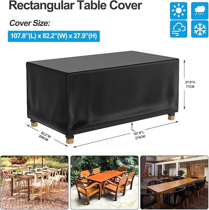 Patio Table Cover 100% Waterproof, 107.8x82.2x27.9 inch Outdoor Table Cover Rectangular, Patio Furniture Cover for Dinning Furniture, Picnic Coffee Tables Chairs and Sofas, Black