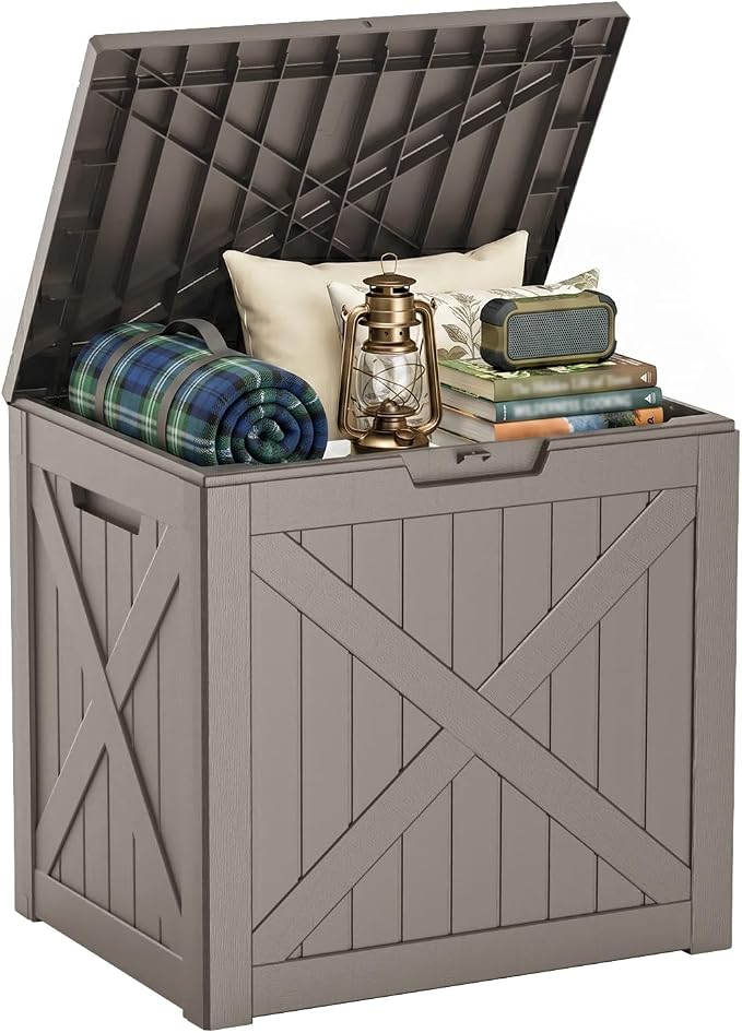 36 Gallon Deck Box Outdoor Storage Box, Waterproof, Lockable, Resin Outdoor Storage for Garden Tools,Indoor Cushions,Accessories Outside Storage Weatherproof Container(Grey)