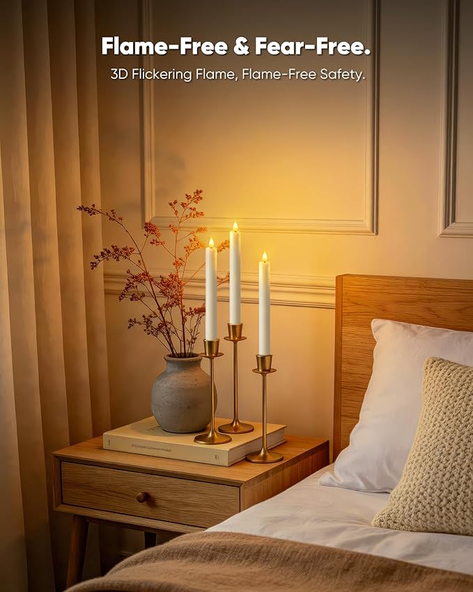 Homemory 6 Pcs Wax Flameless Taper Candles with Remote Timer and Dimmer, White Candle Sticks Battery Operated, LED Window Candles with Flickering Light, 9.6 Inches for Wedding Home Indoor Decoration