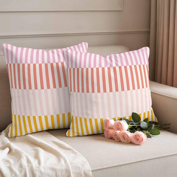 Colorful Stripe Waterproof Outdoor Pillow Covers Set of 2 Home Decor, Modern Pink Red Yellow Vertical Striped Pillowcase Patio Pillow Covers for Couch Bench Furniture Garden 24x24in
