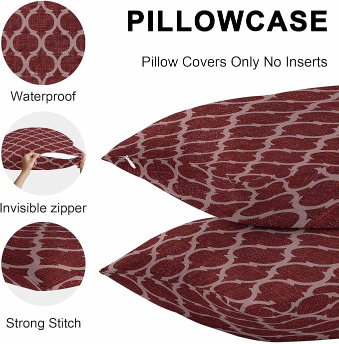 Deep Red Morocco Outdoor Pillow Covers 24x24 Inch Throw Pillow Covers Set of 2 Waterproof Decorative Pillow Cases Retro Farmhouse Quatrefoil Plaid Cushion Covers for Patio Furniture Garden Couch Sofa