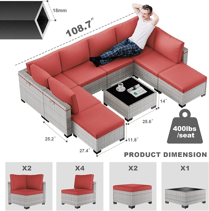 9-Piece Patio Furniture Set, Outdoor with Ottomans, Modular Patio Sofa, Dual-Strand Wicker Rattan, Rust-Resistant Frame, Backyard Furniture for Garden, Deck, Red