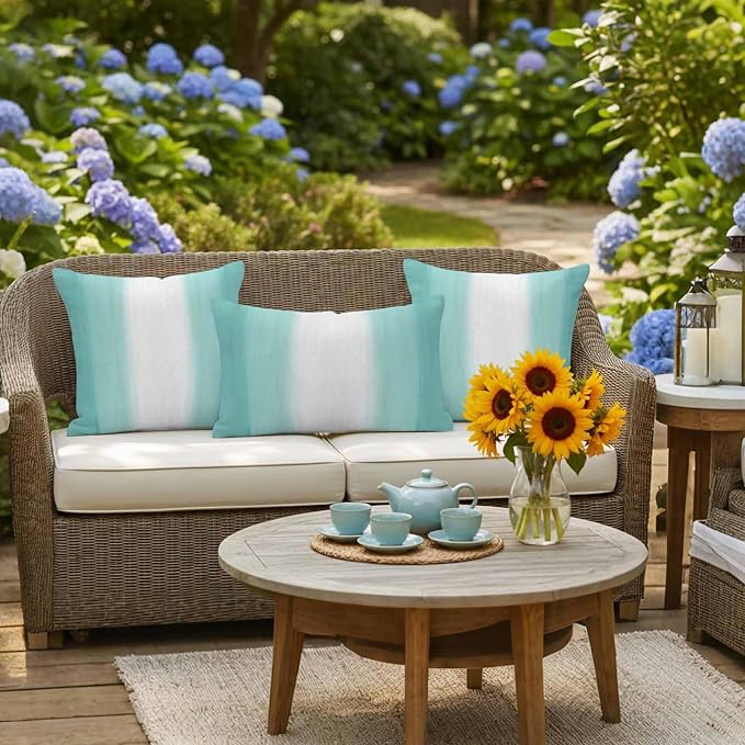 Teal Abstract Stripes Outdoor Pillow Covers 18"x18" Set of 2, Modern Teal White Gradient Waterproof Throw Pillow Covers for Patio Furniture, Decorative Cushion Covers for Porch
