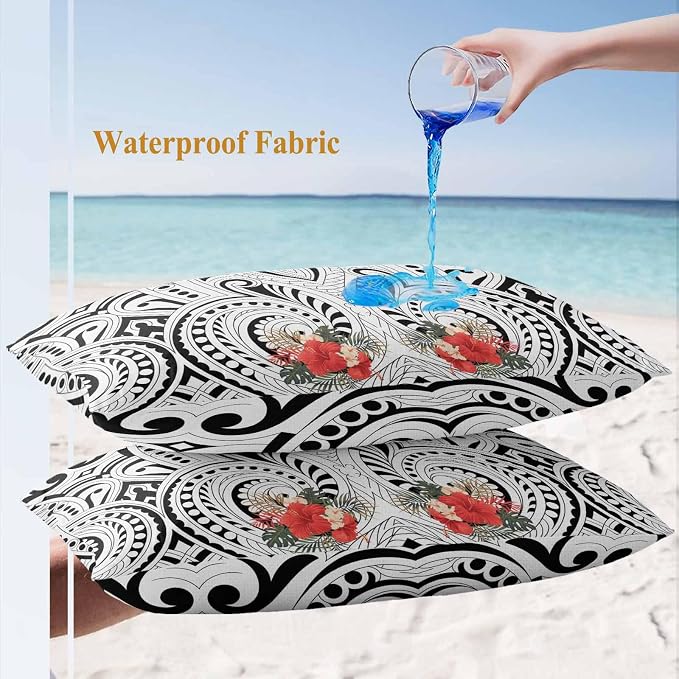 Outdoor Waterproof Throw Pillow Covers Set of 2 Polynesia Abstract Ethnic Pattern Lumbar Pillowcases 20x12 Inches Boho Style Flower Decorative Pillows Cushion Case Patio Pillows for Couch Bed Chair